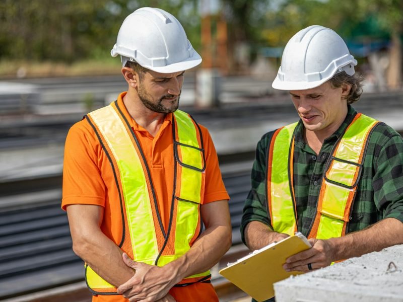 Two site professionals in safety helmets reviewing paperwork on a clipboard